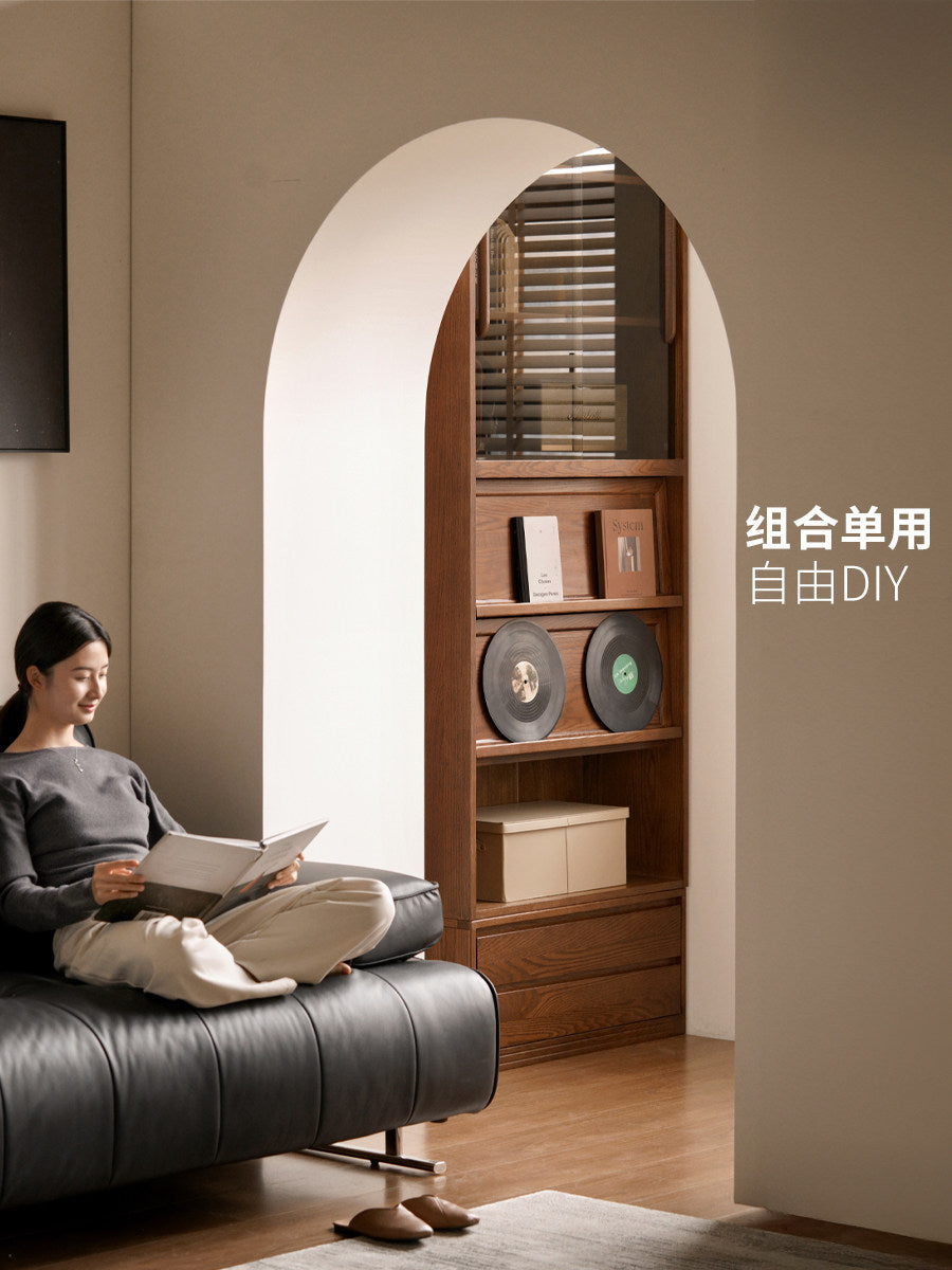实木书柜一体整墙书房橡木卡座储物柜胡桃色落地书架